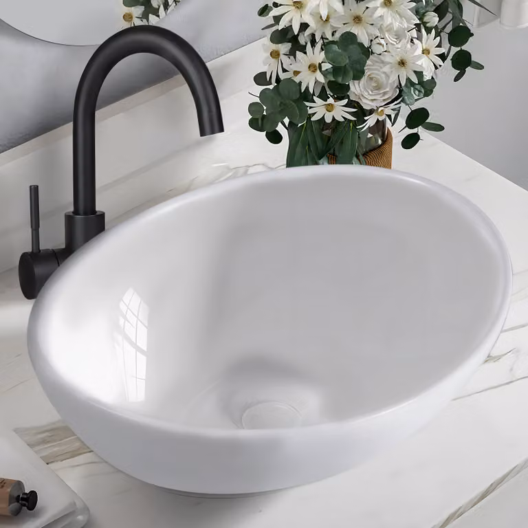 ZMH lavabo in Vetroceramica sospeso 41 × 33 × 14,5 cm lavabo ovale da appoggio con foro per rubinetto lavabo sospeso per bagno lavabo per toilette ospiti