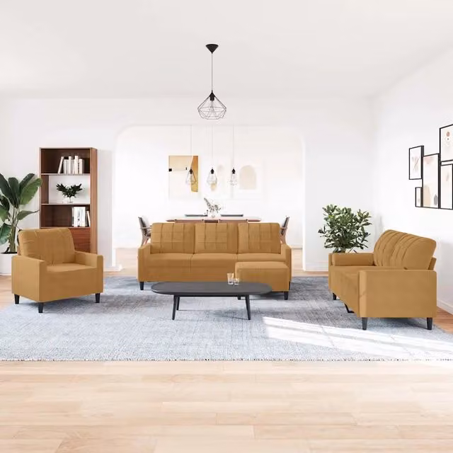 vidaXL Set di Divani 4 Pezzi in Velluto Marrone con Cuscini e Pouf per Soggiorno
