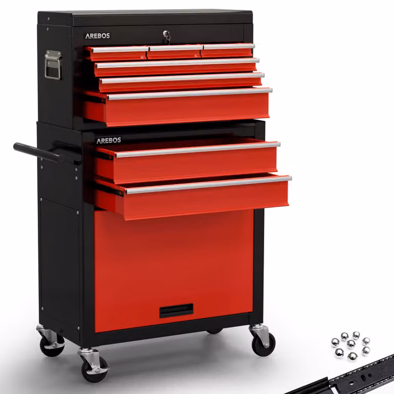 Carrello da officina AREBOS 9 scomparti rosso-nero | tappetini antiscivolo e attacco per valigia