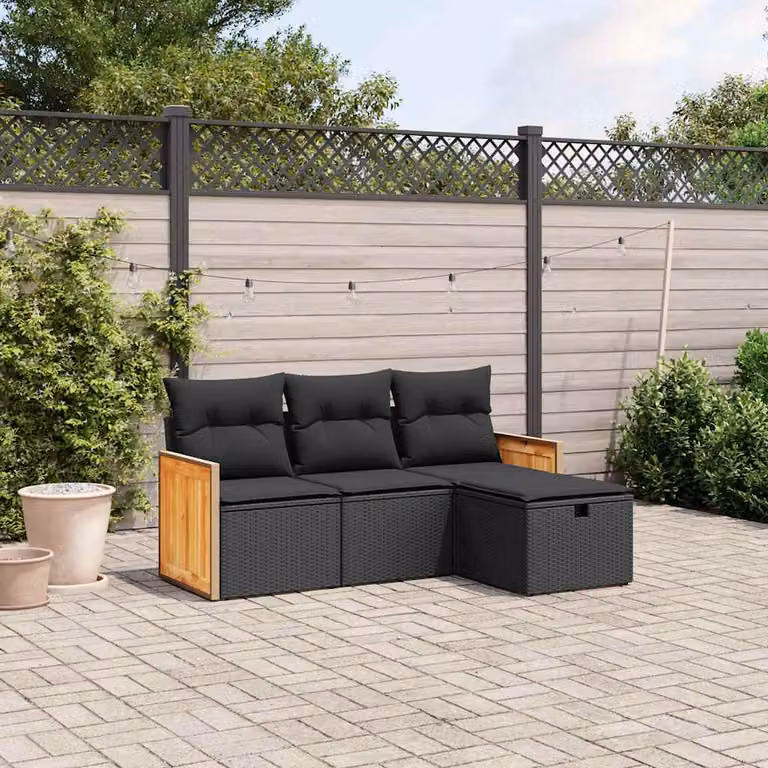Set di divani da giardino vidaXL a forma di L composto da 4 pezzi con cuscini neri in polyrattan e struttura in acciaio nero