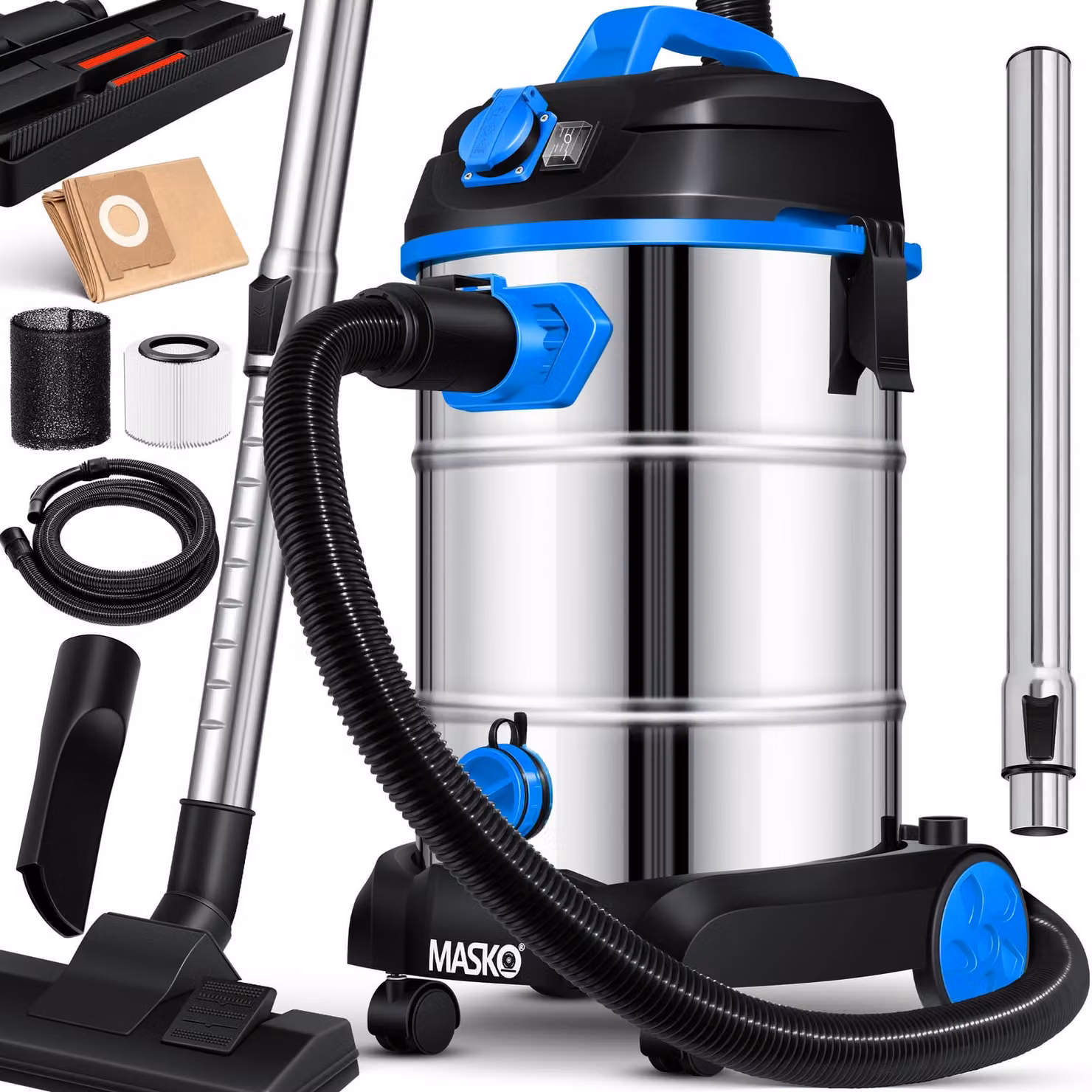 MASKO® Aspirapolvere industriale, aspiraliquidi e asciutti, acciaio inossidabile, potenza massima 1800W