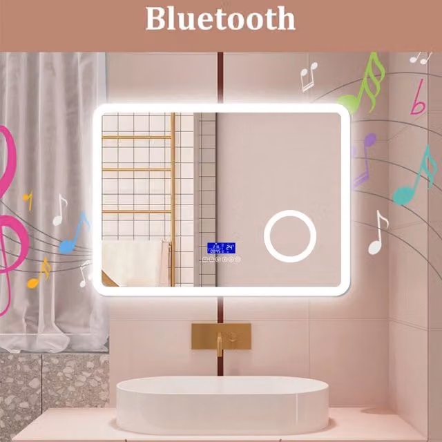 AICA Specchio da bagno 80 x 60 cm, dimmerabile, Blue tooth, Funzione Memoria, antiappannamento, 3 colori, Magnificatore, orologio