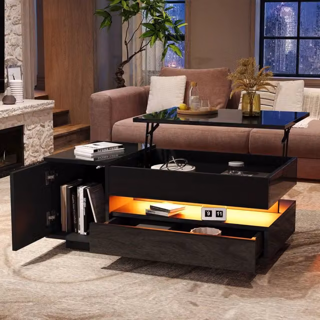 Tavolino basso sollevabile con illuminazione LED 1 cassetto 1 armadietto e vano per soggiorno nero 95 × 50 × 40 cm