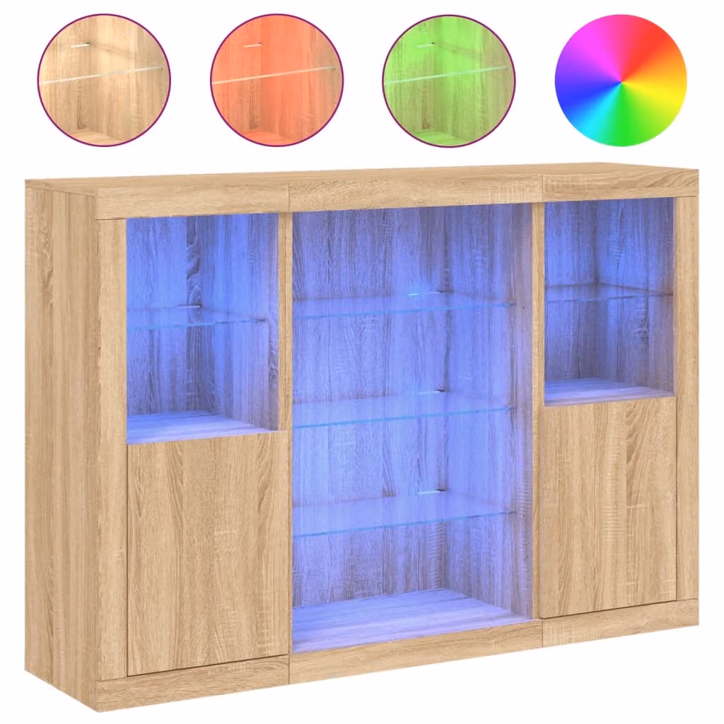 Credenze con Luci LED 3 pz Rovere Sonoma in Legno Multistrato