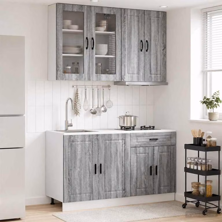 Set di 4 unità cucina moderne vidaXL PORTO in legno ingegnerizzato MDF grigio con ante in vetro e montaggio a parete L/P/H: 81,5 x 46,0 x 80,0 cm