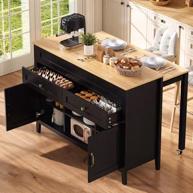 Isola cucina con tavolo estraibile, MDF nero, piano effetto legno, 120 x 40-76 x 92 cm