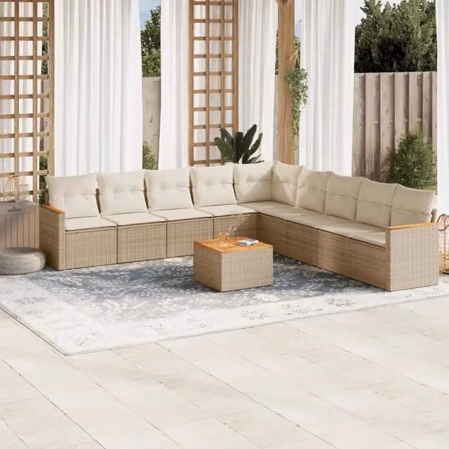 Set Divano da Giardino a L vidaXL in Polyrattan con Cuscini Beige e Tavolino da Esterno, 10 Pezzi