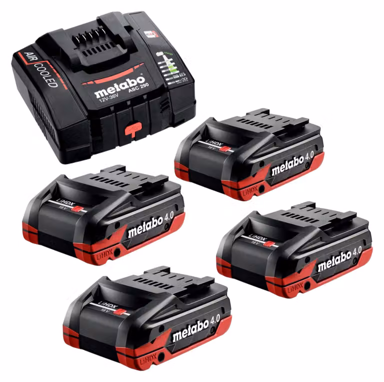 Set base Metabo 4x batteria LiHDX 18 V 4,0 Ah ( 4x 624974000 ) + caricatore ASC 290 ( 627370000 )