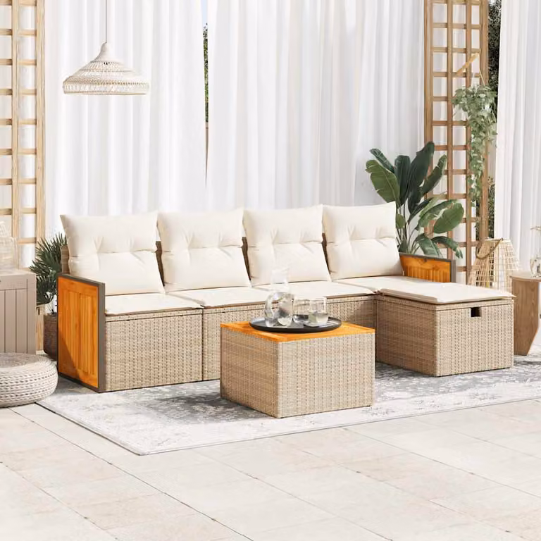 Set Divano da Giardino L-Shape vidaXL in Polyrattan Beige con Cuscini e Tavolino da 6 Pezzi