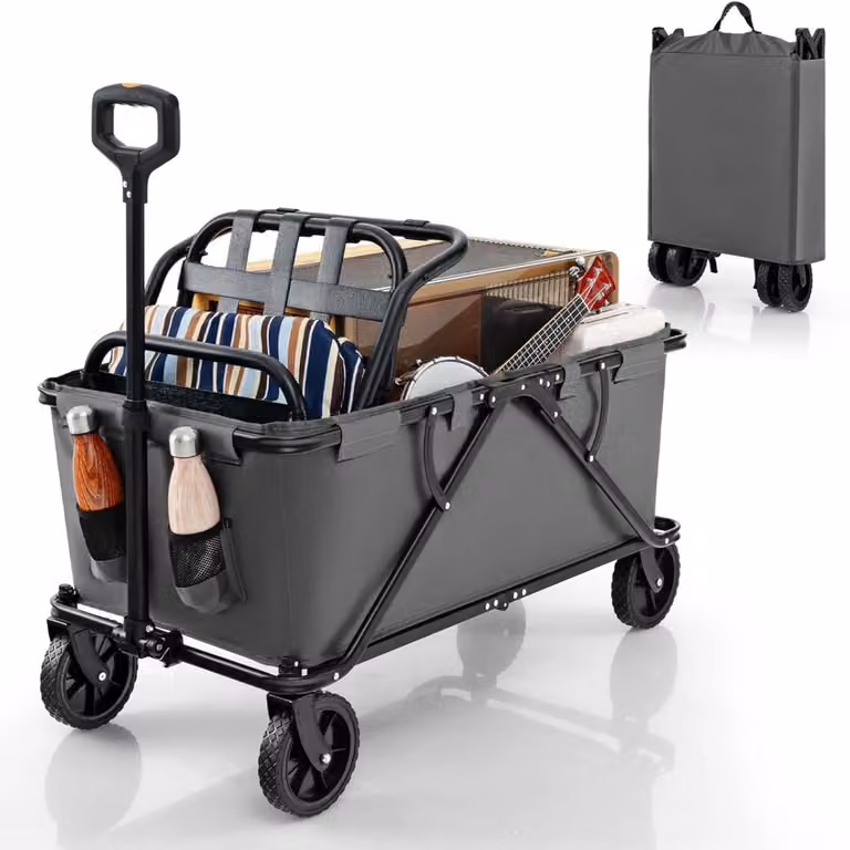 Carrello pieghevole - Carrello da trasporto per campeggio - Maniglia regolabile - Portabevande - Borsa per riporre gli oggetti - Grigio