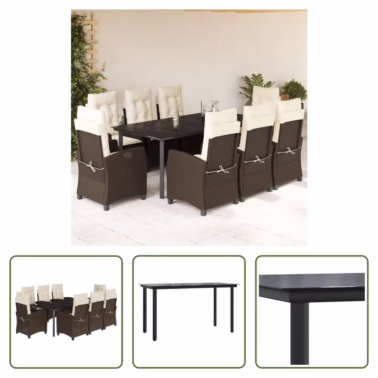 The Living Store Set da pranzo da giardino 9 pezzi con cuscini in polirattan marrone