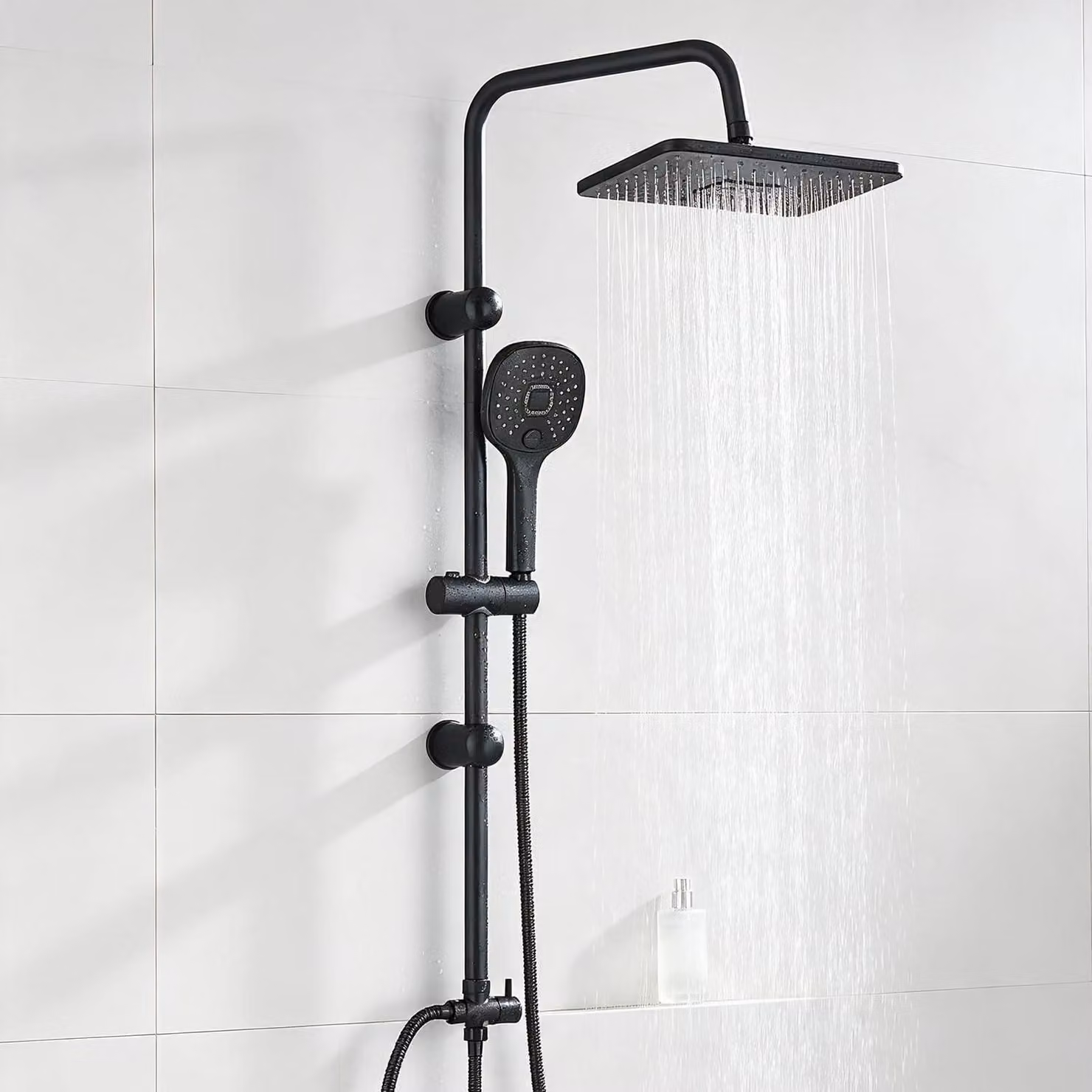 Colonna doccia con soffione a mano, finitura nera, acciaio inossidabile, soffione quadrato, altezza 99 cm