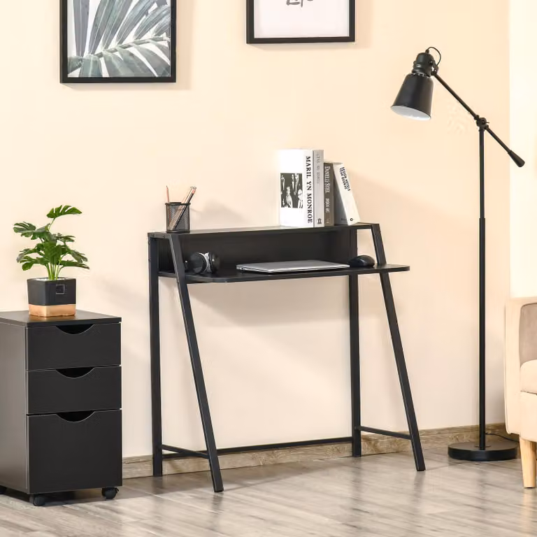 scrivania per computer okwish scrivania da ufficio con gestione dei cavi ed eleganti ripiani, scrivania da lavoro con struttura in metallo laccato, nero