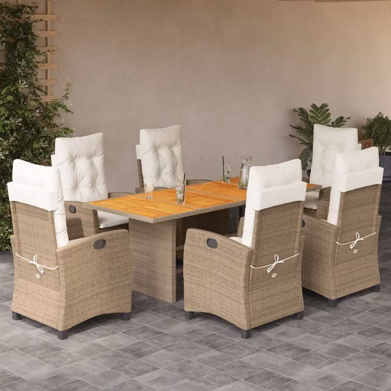 Set da pranzo da giardino vidaXL in polyrattan e legno di acacia con 7 pezzi e cuscini beige e bianchi