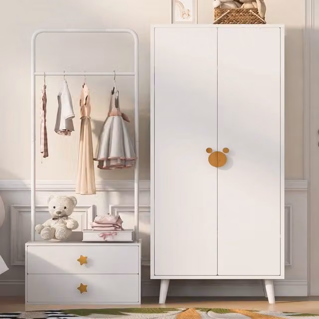 Armadio 2 ante con spazio per appendere e vano inferiore per camera da letto in MDF colore bianco con piedini rialzati