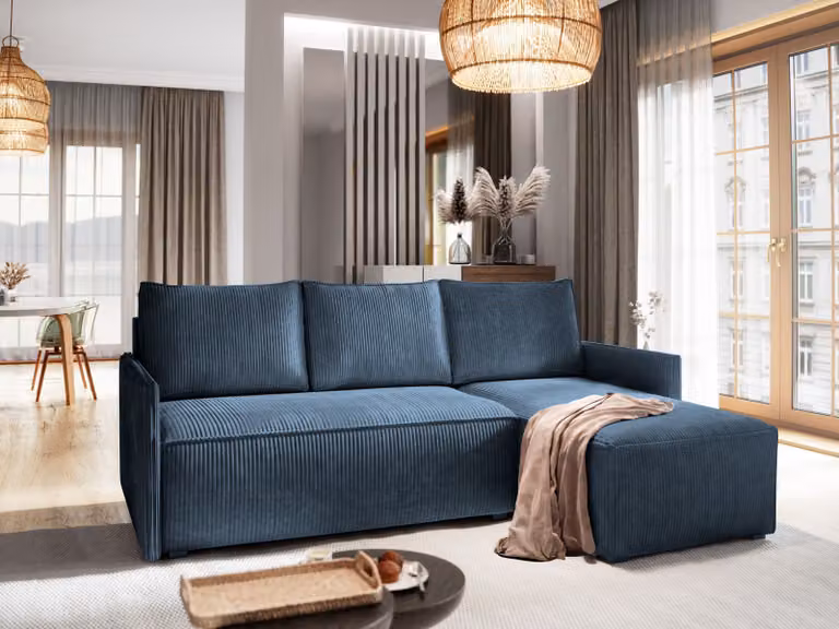 Divano angolare Masseno PERUSI con funzione letto a L, divano con box letto, divano da salotto, divano, divano, divano letto, set di divani - blu, POSO 05
