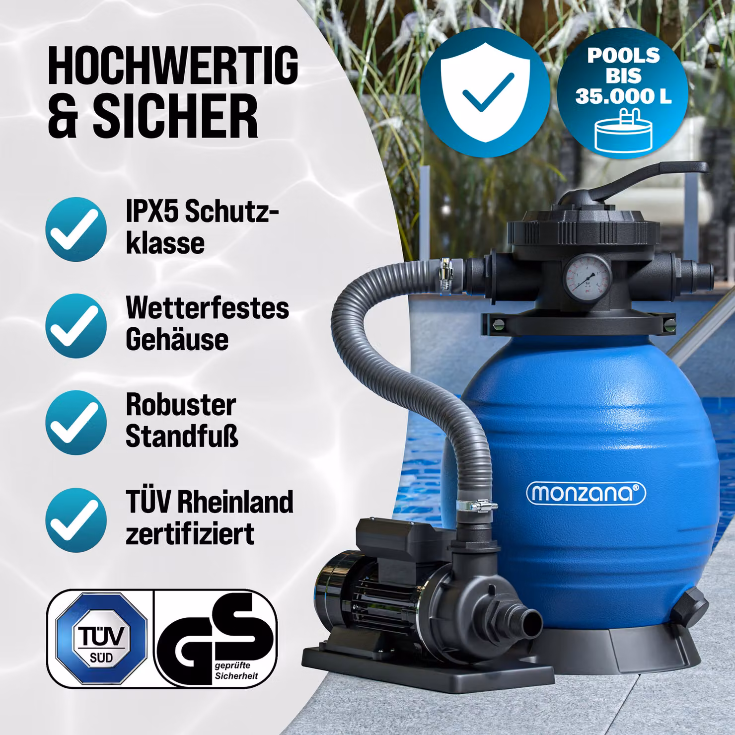 Sistema di filtraggio a sabbia Monzana con vetro filtrante, portata 10200 L/h, colori nero e blu – 3