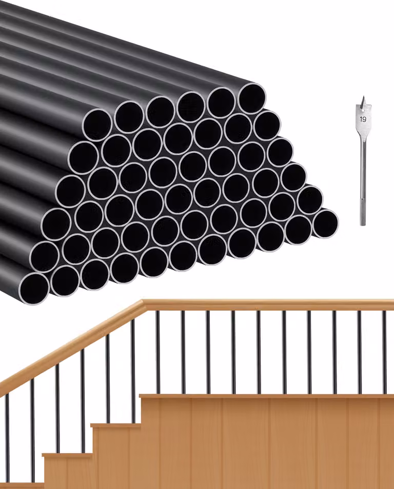 Ringhiera per scale VEVOR, confezione da 51 pezzi, ringhiera per scale in alluminio da 26 pollici, ringhiera rotonda in metallo a prova di pioggia da 3/4 di pollice, resistente ringhiera per ponti vuoti con trapano n. 19 per scale, portico, patio, nero