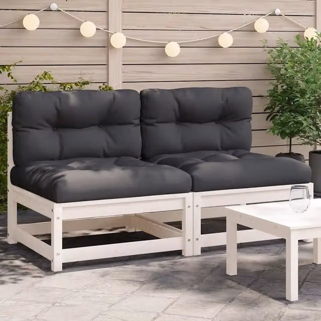 Set di 2 divani da giardino senza braccioli con cuscini vidaXL in legno di pino bianco e antracite
