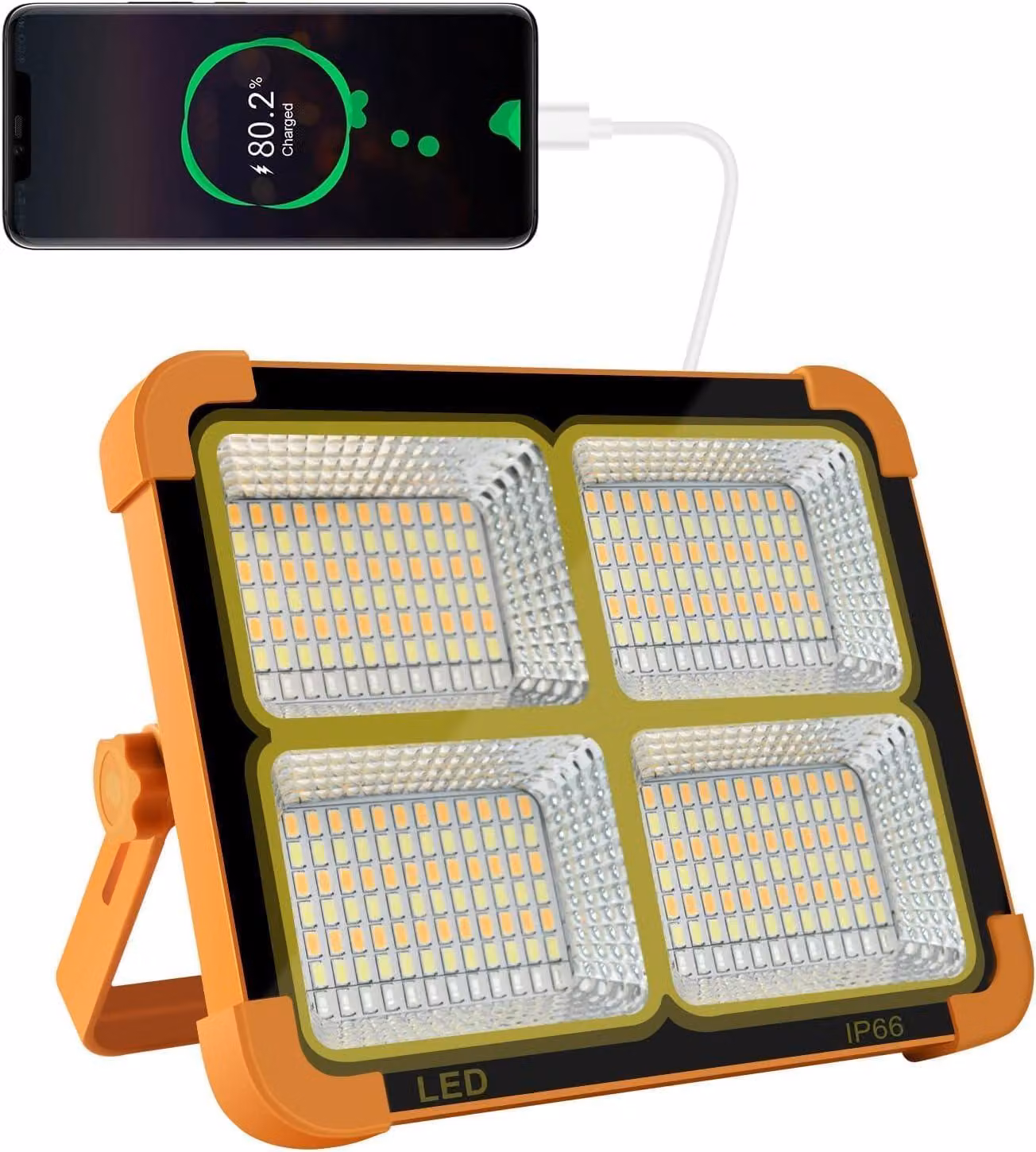 Lampada da lavoro a LED da 100W, 10.000 lumen, ricaricabile con pannello solare, batteria da 16500 mAh