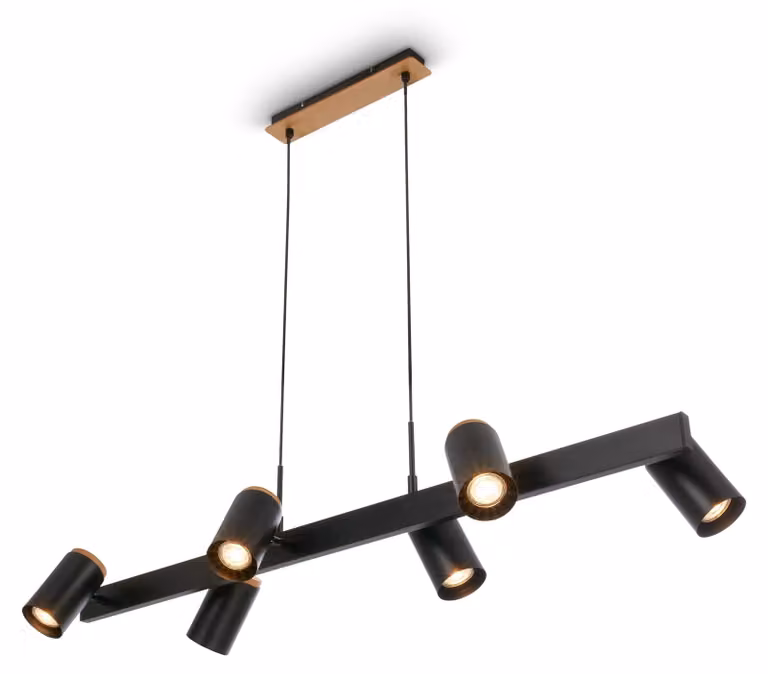 Lampada a sospensione Briloner DUTA, orientabile, attacco GU10, 6 luci, struttura in legno nero, dimensioni 110 x 24,9 x 120 cm