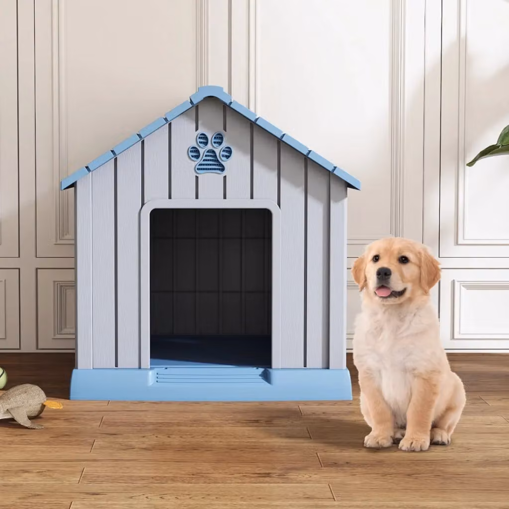 Cuccia per cani piccoli e medi in plastica blu, impermeabile e isolata con pavimento rialzato e tetto rimovibile per interni ed esterni – 2