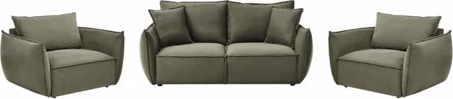 Set da salotto moderno Beliani IT in tessuto verde composto da divano a 3 posti e poltrona con struttura in legno massiccio e cuscini inclusi – 1