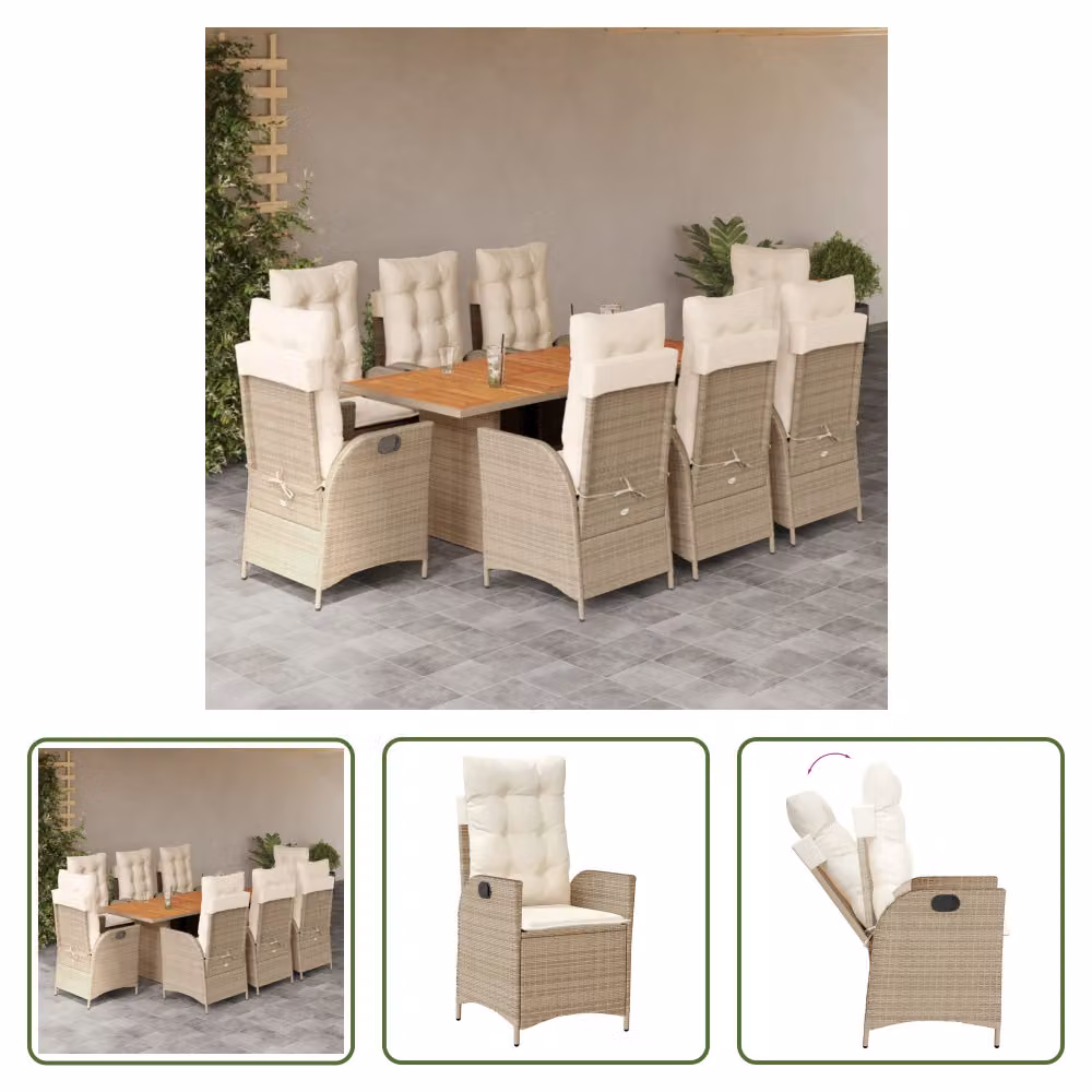 The Living Store Set da pranzo da giardino 9 pezzi con cuscini Beige poly rattan