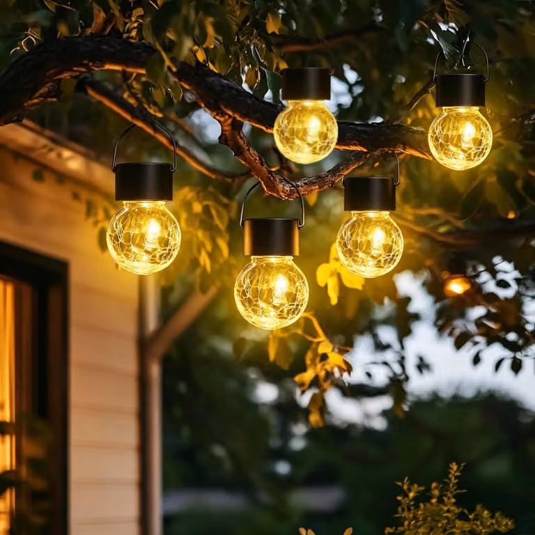 Catena luminosa solare, set da 5 luci – Luce bianco caldo 3000K, design effetto vetro craquelé, grado di protezione IP44, autonomia di illuminazione 6 ore, ideale per essere appesa o posizionata – Diametro 6 cm, altezza 14 cm, colore nero