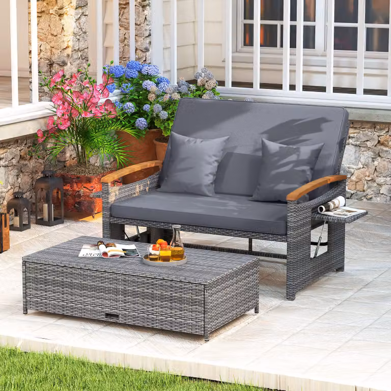 Set da giardino Costway in rattan grigio composto da divanetto con schienale regolabile a 4 livelli e pouf contenitore con tavoli ribaltabili