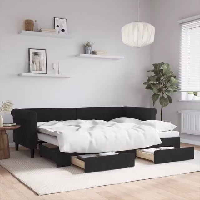 Divano Letto Estraibile vidaXL in Velluto Nero con Cassetto per Soggiorno e Camera da Letto L/P/H: 229 x 80 x 68 cm