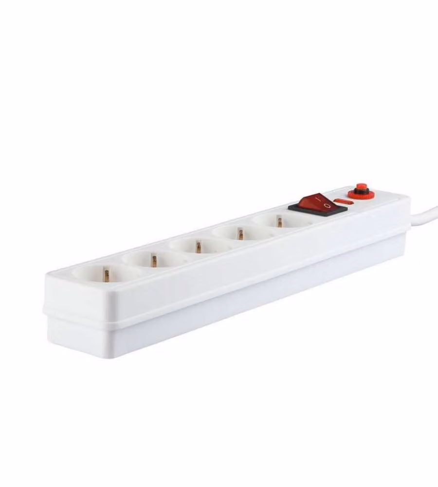 Multipresa con Cavo 1,4mt 5 Prese 16A con Interruttore Luminoso e di Protezione da Sovraccarico Colore Bianco