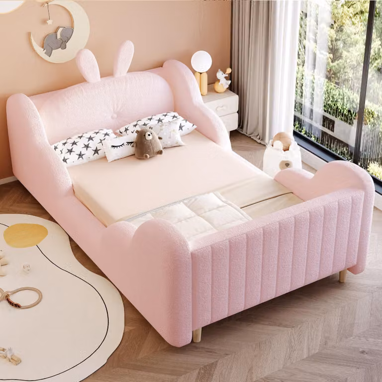 Letto per bambini imbottito Merax 90x200 cm con spondine a forma di nuvola, letto in velluto con cuscino a forma di coniglio, letto a piattaforma per ragazzi con cuscino a forma di coniglio, rosa