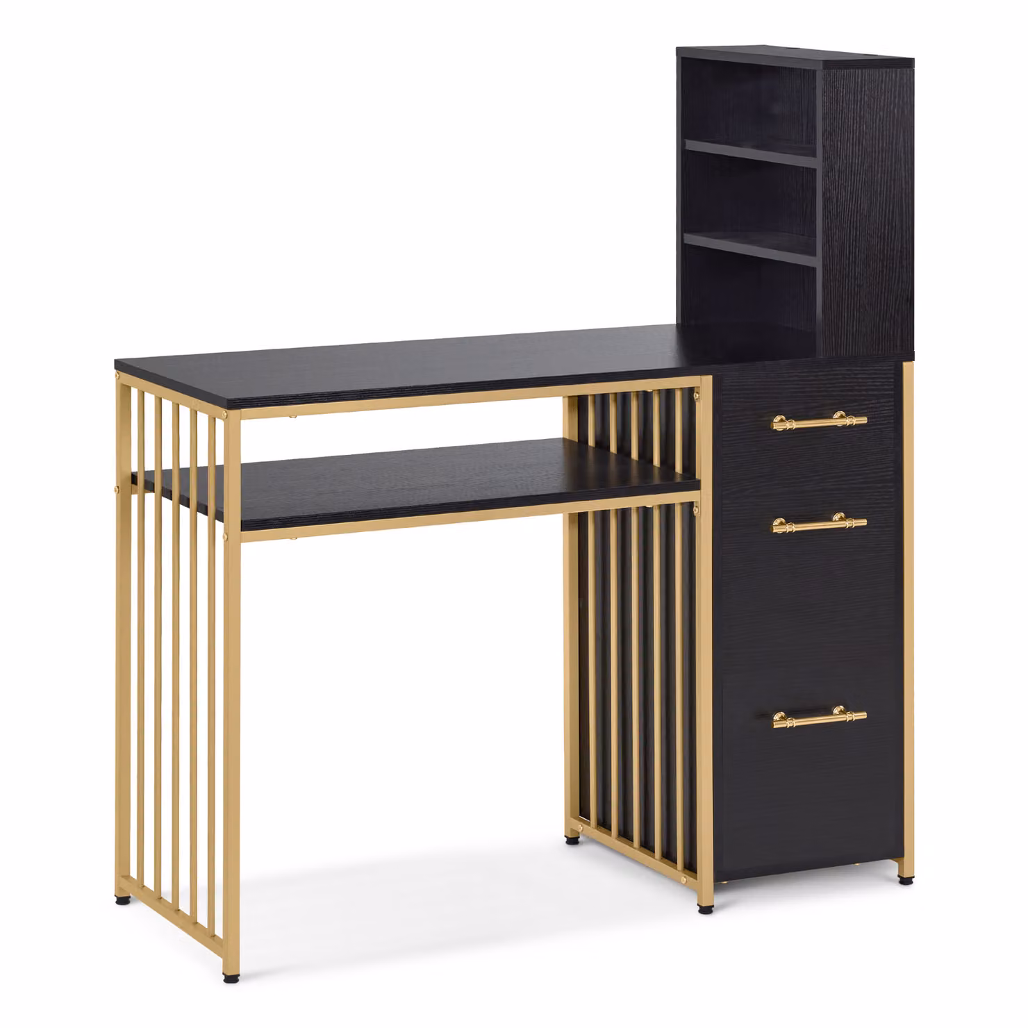 Scrivania M MCombo con 3 cassetti, tavolino da manicure in legno con struttura in metallo, tavolino da manicure nero e oro, tavolino da trucco senza specchio in stile moderno, 2420GBK