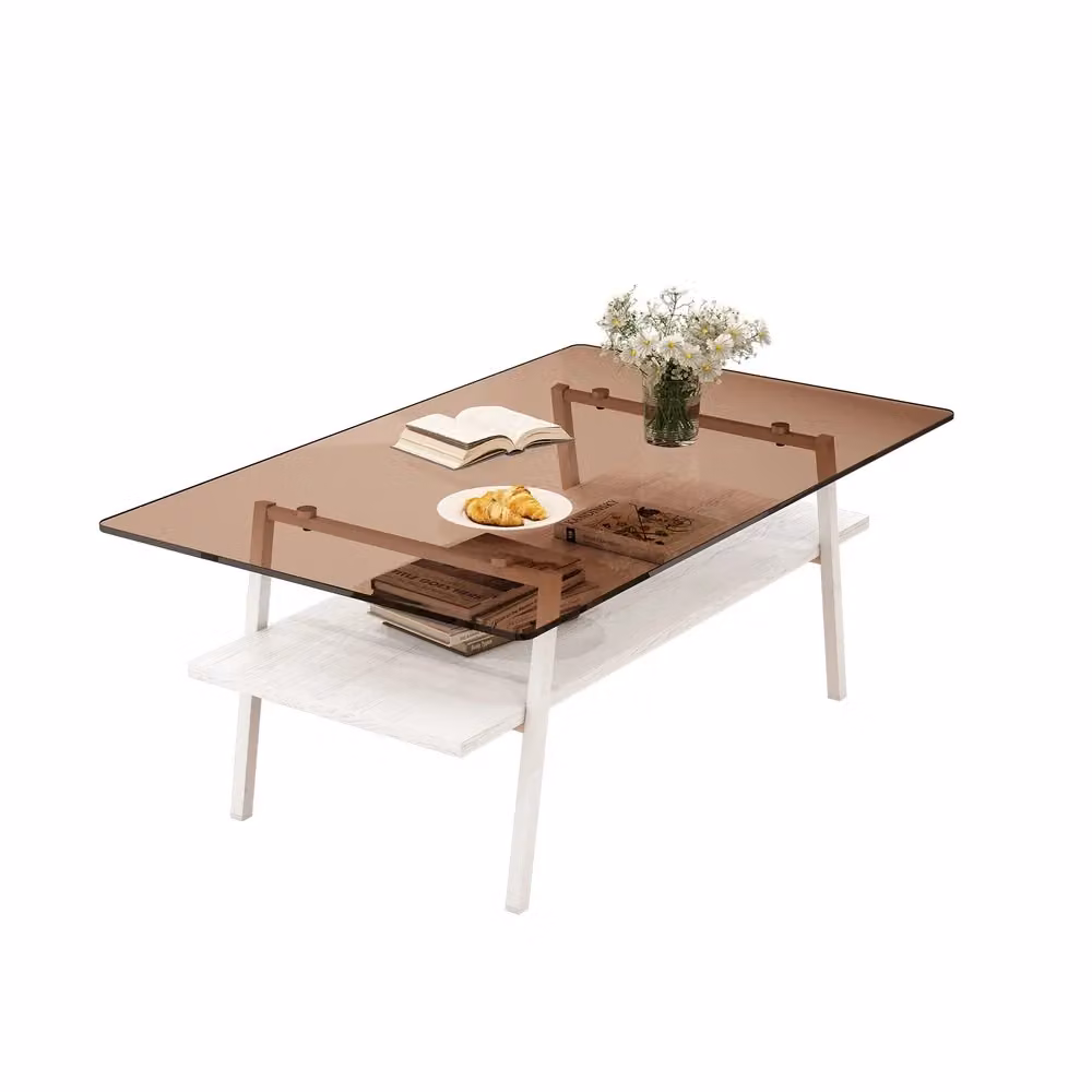Tavolino da caffè Minimal moderno in vetro temperato e metallo, Bianco e Marrone, L: 98 cm, P: 58 cm, H: 42.5 cm – 2