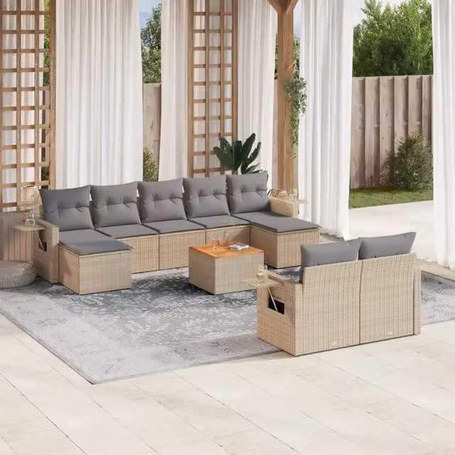 vidaXL Set Divano da Giardino 10 pz in Polyrattan con Cuscini Beige e Grigio e Tavolino da Esterno