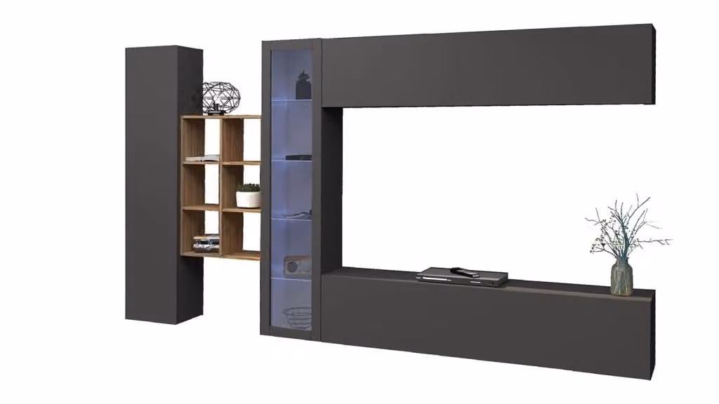 Parete Attrezzata per Soggiorno Maruska n°14 GIORDANOSHOP Grigio Antracite Opaco e Rovere Wotan L: 340 cm, P: 30 cm, H: 180 cm – 2