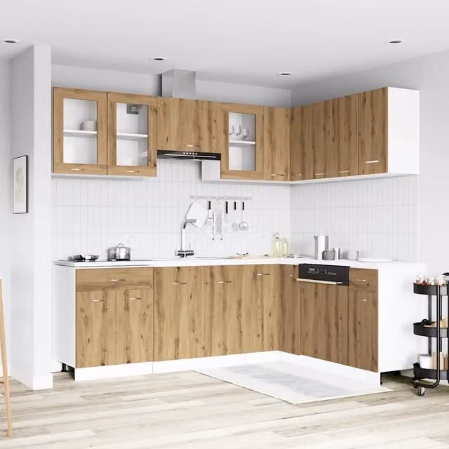 Set di Mobili da Cucina Moderno vidaXL in Rovere e Vetro, Colore Marrone, con Ante a Battente e Scaffali Aperti