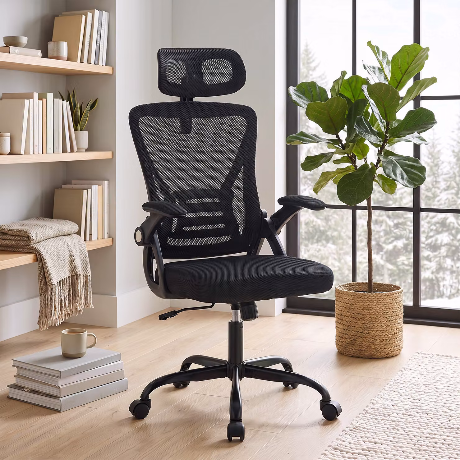 Sedia da ufficio ergonomica HOMCOM con braccioli ribaltabili e poggiatesta regolabile, nero – 2