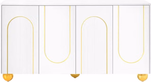 Sideboard a quattro ante bianco con decorazioni ad arco dorato e piedi metallici a sfera, 140x40x74 cm