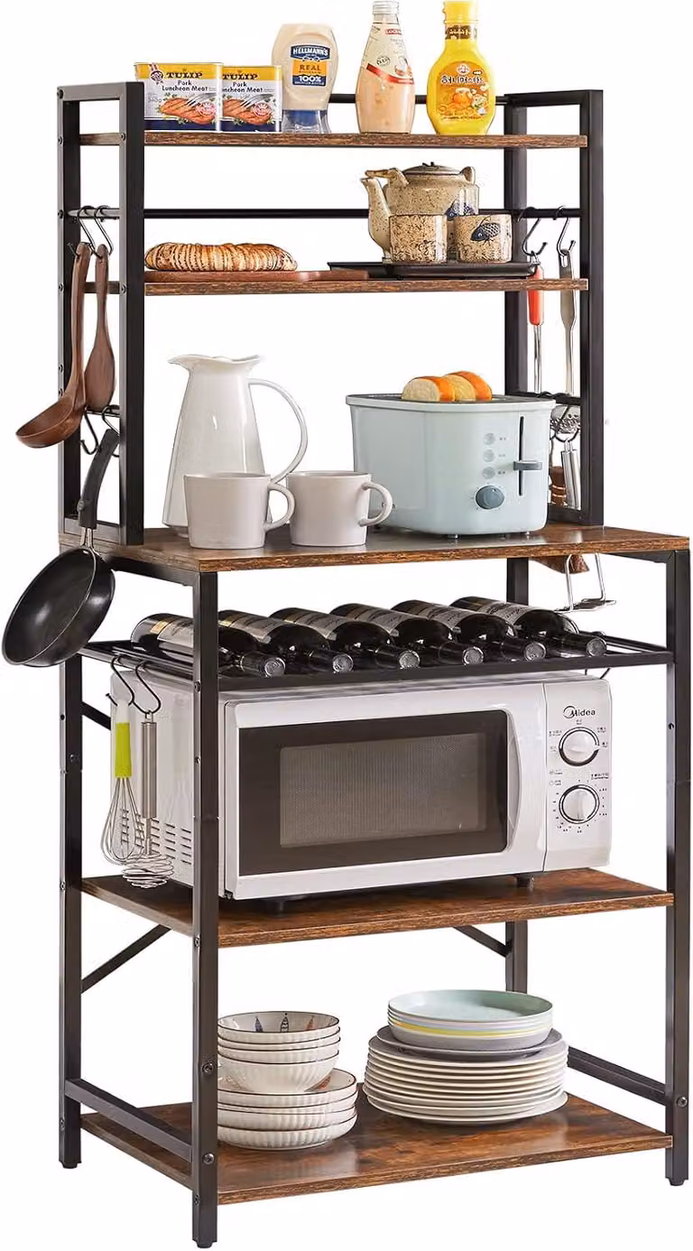 Ripiano portaoggetti per cucina HBR003H, ripiano per panetteria, scaffale autoportante con ganci, ripiano per microonde con 6 ripiani, scaffale per vino, design industriale, multifunzionale