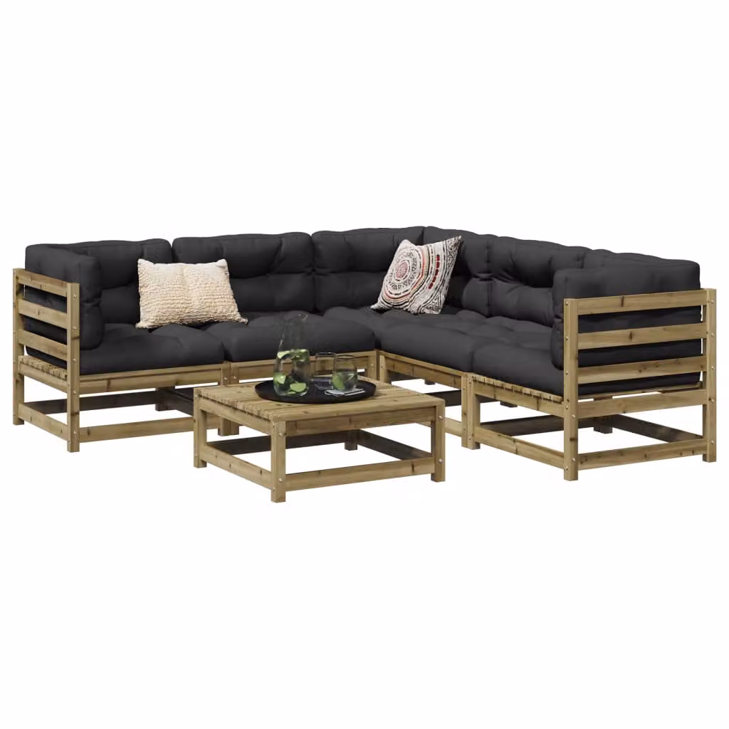 Set di Divani da Giardino vidaXL 6 pz in Legno di Pino Trattato con Cuscini, Colore Marrone e Grigio, Design a L con Elementi Angolari e Pouf – 1