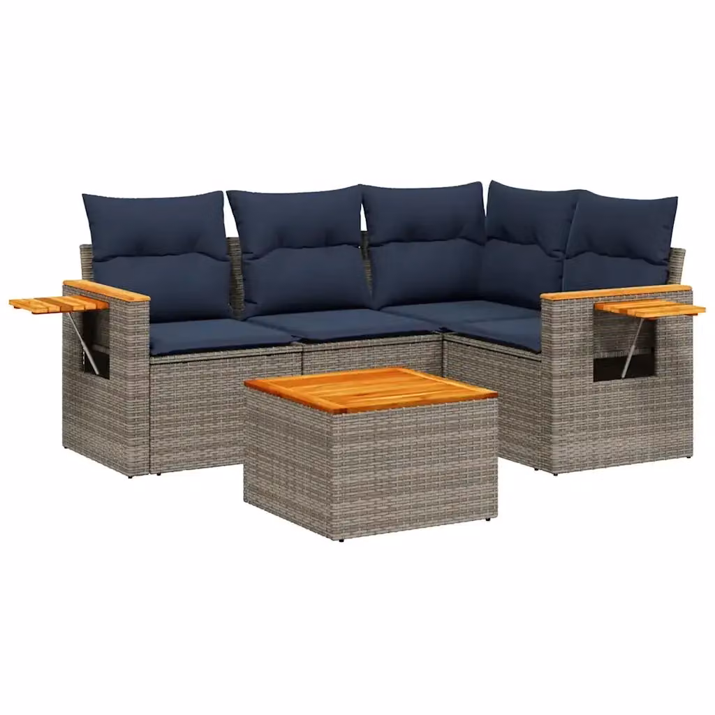 vidaXL Set Divani da Giardino 5 pz a Forma a L con Cuscini Grigio in Polyrattan e Legno di Acacia – 2