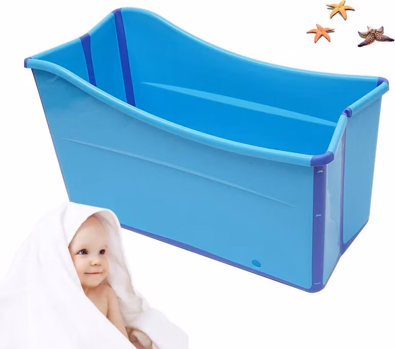 Vasca da bagno pieghevole 100 cm - Vasca da bagno con seduta - Indipendente - Tubo di scarico da 1,1 m - Fino a 90 kg - Per bambini e adulti fino a 1,6 m - Pieghevole fino a 10 cm - Blu