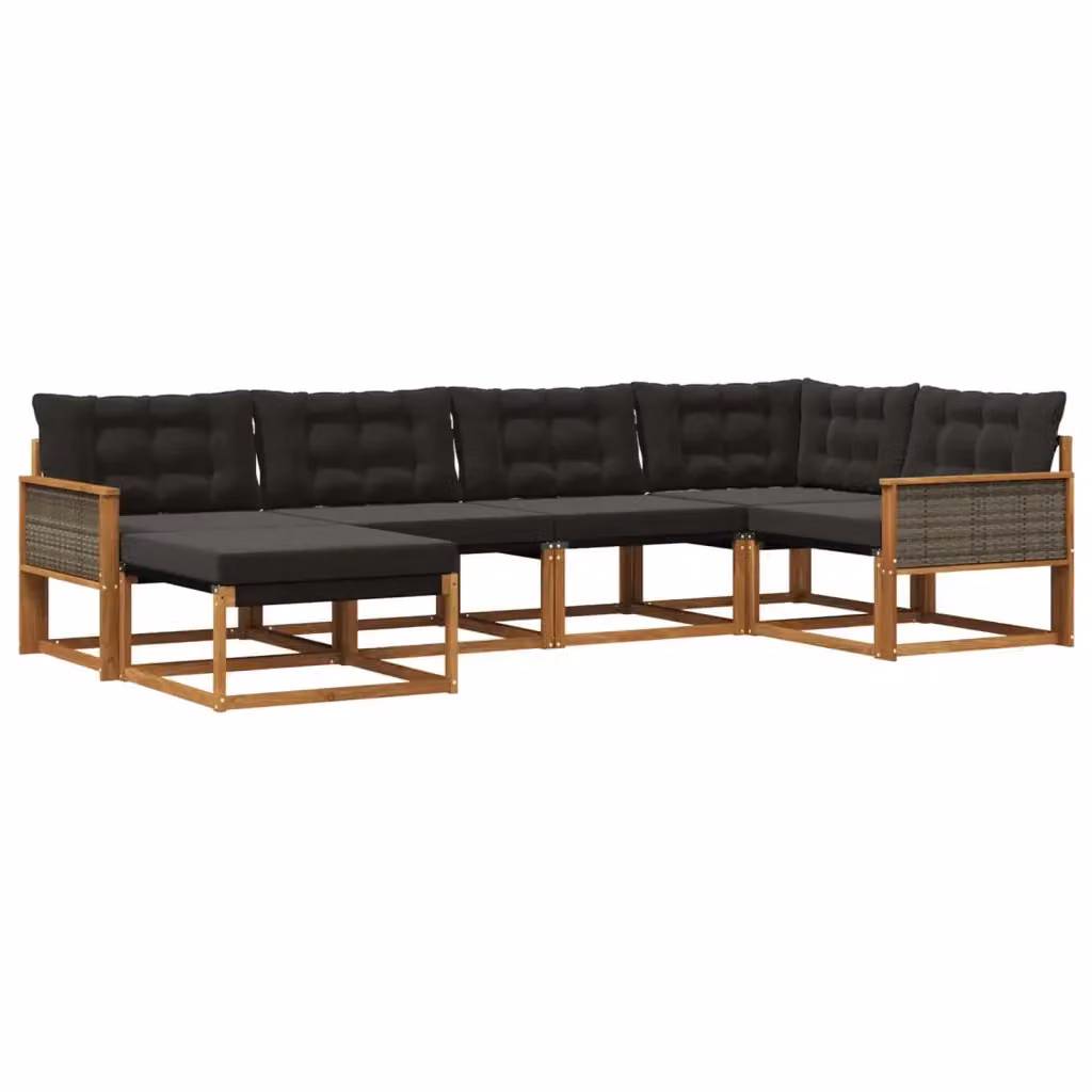 Set di divani da esterno a L vidaXL in legno di acacia con cuscini e pouf, marrone e nero – 2