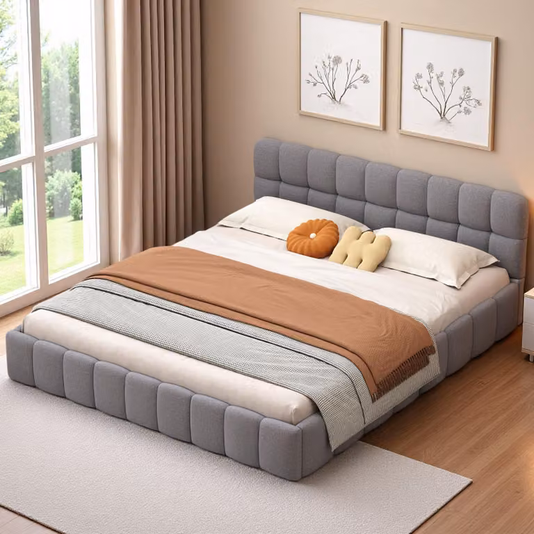 Letto imbottito 140 x 200 cm, letto per ragazzi, letto matrimoniale con schienale morbido, struttura imbottita, rete a doghe in lino grigio (materasso non incluso)