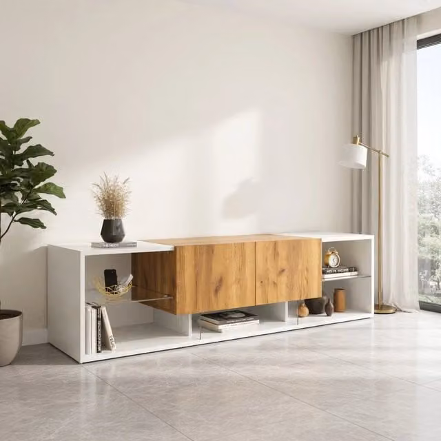Cassettiera TV KOMHTOM moderna in legno e vetro con illuminazione integrata, L/P/H: 160 x 40 x 42 cm, colore bianco – 1
