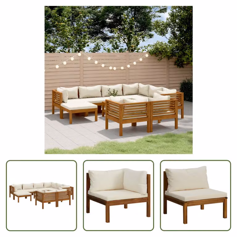 The Living Store Set da giardino da 10 pezzi con cuscini color crema in legno massiccio di acacia