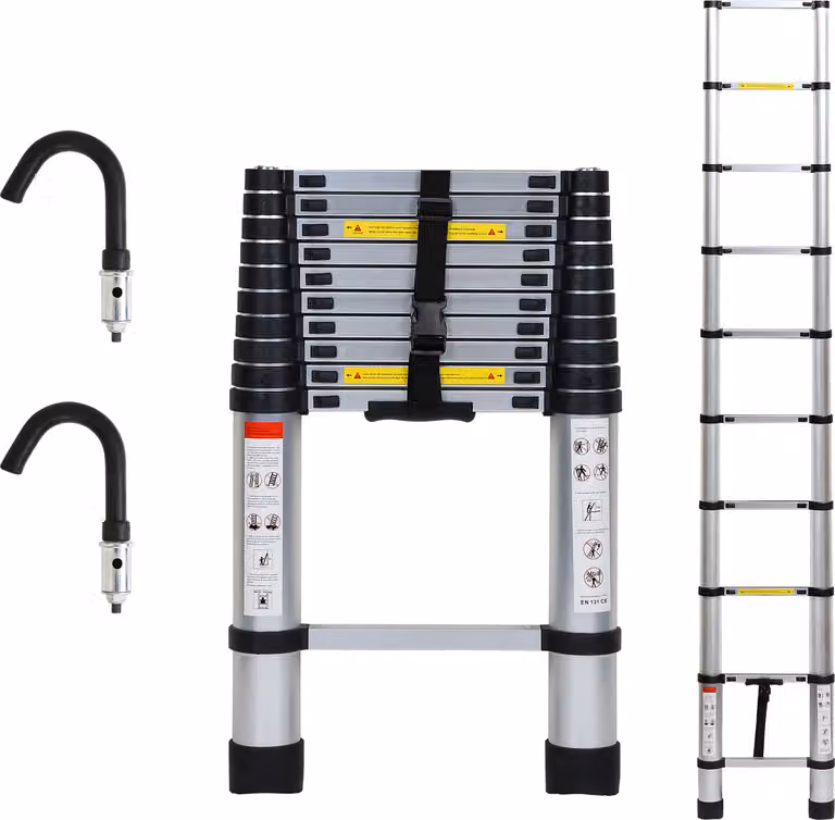 Scala telescopica professionale Izrielar 3,2 m in alluminio argento portata 150 kg scala multiuso piedini in gomma antiscivolo con ganci rimovibili