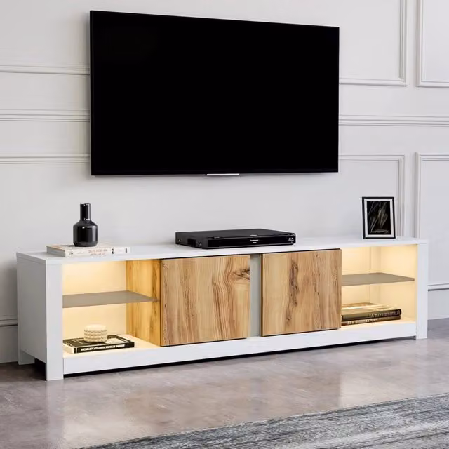 Mobile porta TV moderno DMORA Vogogna con 2 ripiani in legno e vetro, Bianco e Marrone, L: 180 cm, P: 35 cm, H: 45 cm – 1